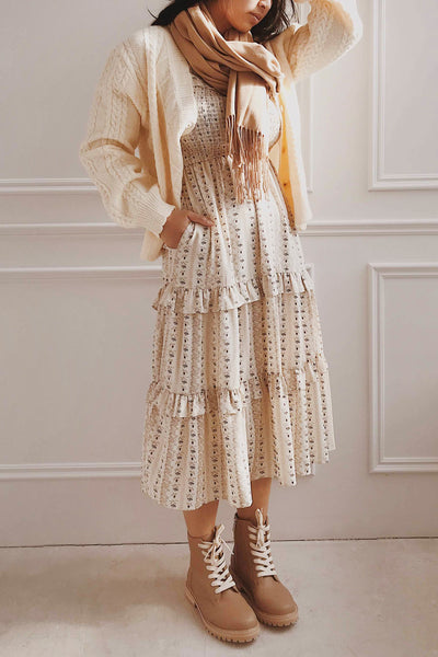 Tine | Beige Floral Midi Dress w/ 3/4 Sleeves | Boutique 1861 model outfit