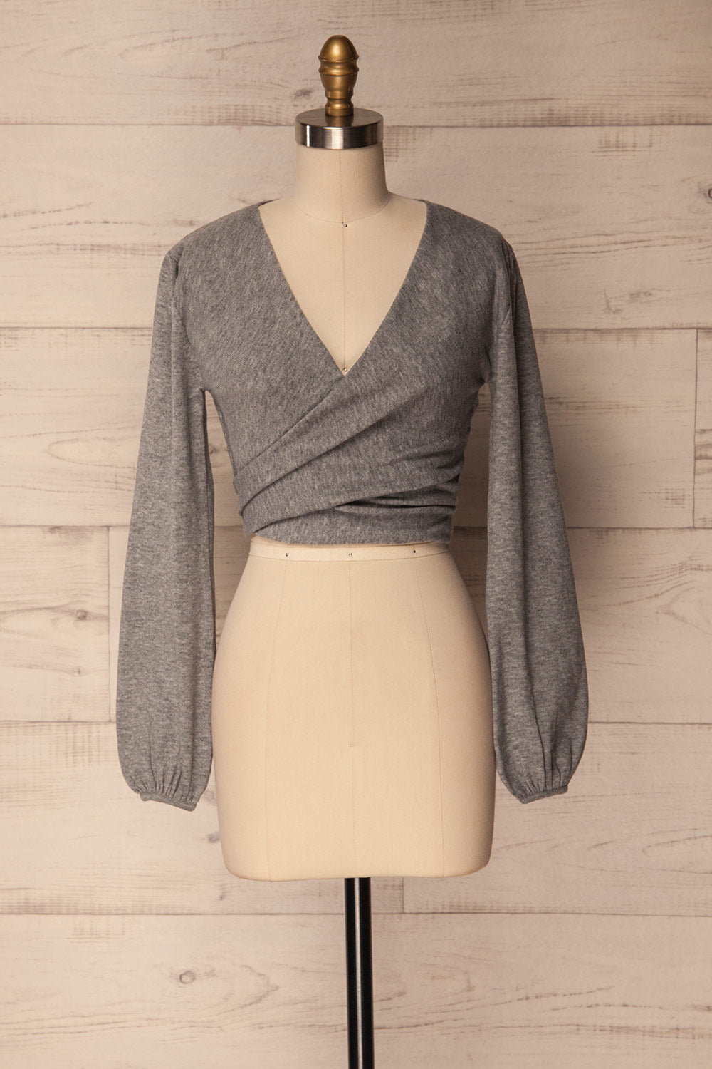 Rodha Grey Wrap Crop Top with Puff Sleeves | La Petite Garçonne