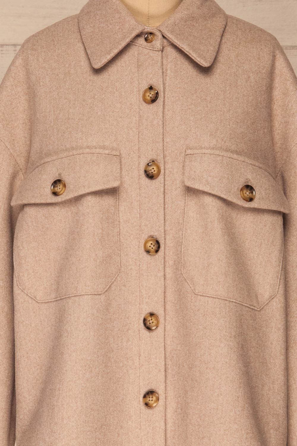 Rogozno Beige Button-Up Felt Jacket | La petite garçonne front close-up