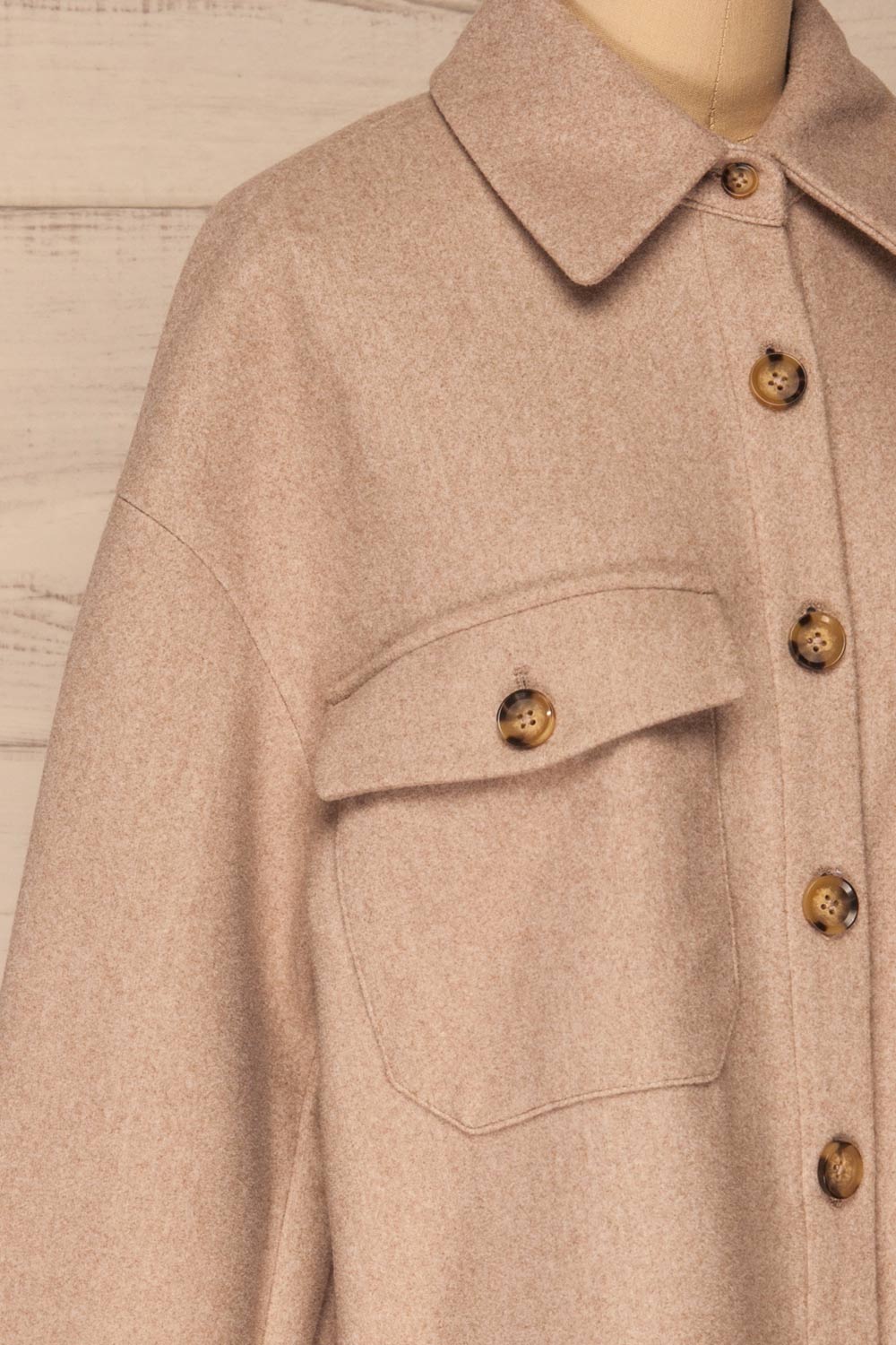 Rogozno Beige Button-Up Felt Jacket | La petite garçonne side close-up