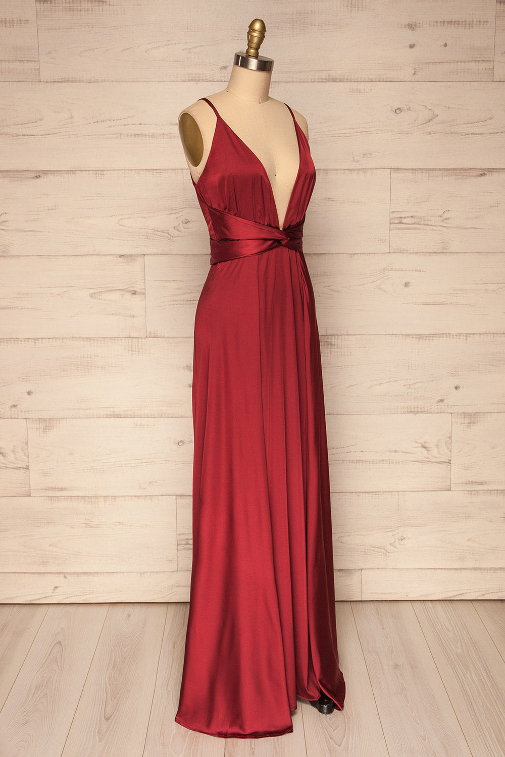 Roksem Bourgogne Burgundy Satin A-Line Gown | La Petite Garçonne side view 