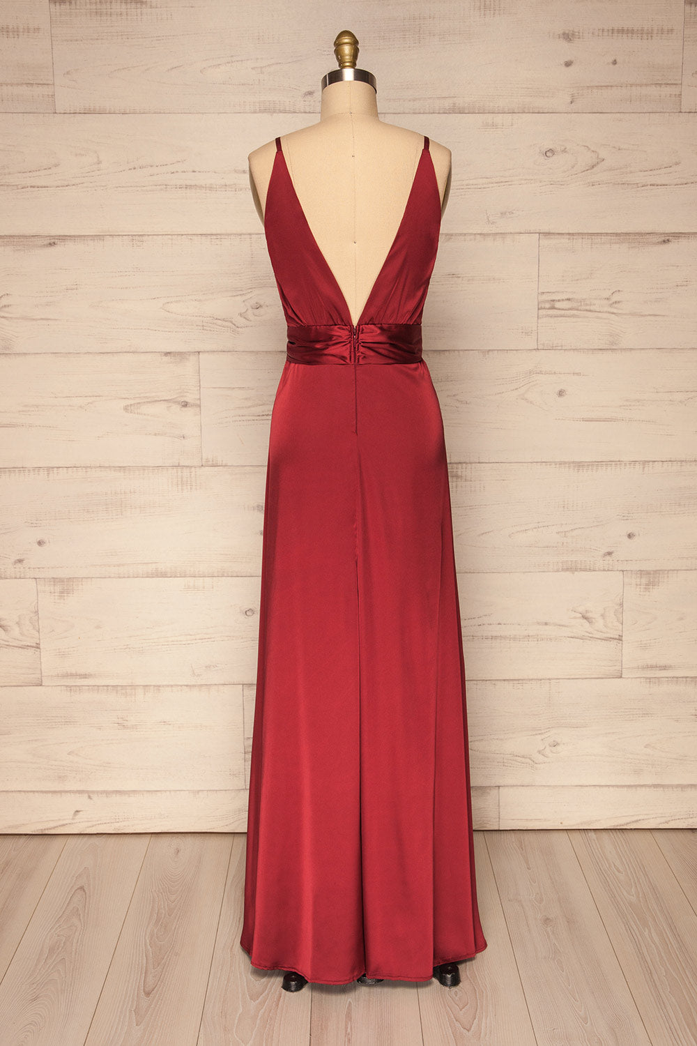 Roksem Bourgogne Burgundy Satin A-Line Gown | La Petite Garçonne back view 