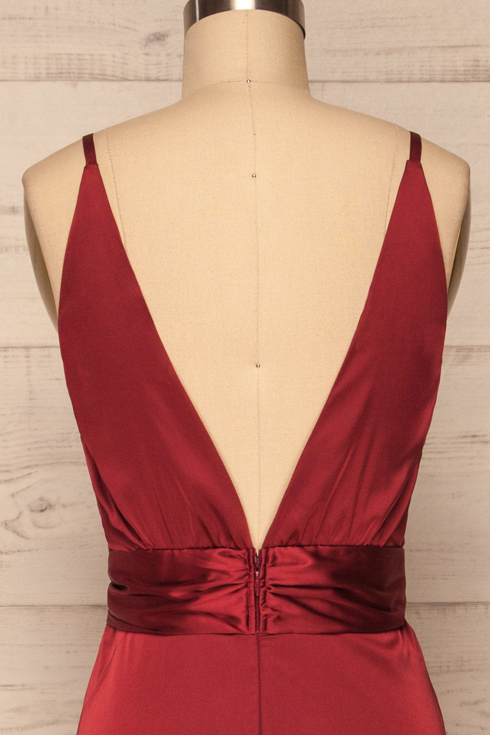 Roksem Bourgogne Burgundy Satin A-Line Gown | La Petite Garçonne back close-up