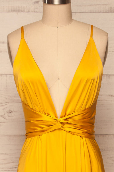 Roksem Jaune Yellow Satin A-Line Gown | La Petite Garçonne front close-up