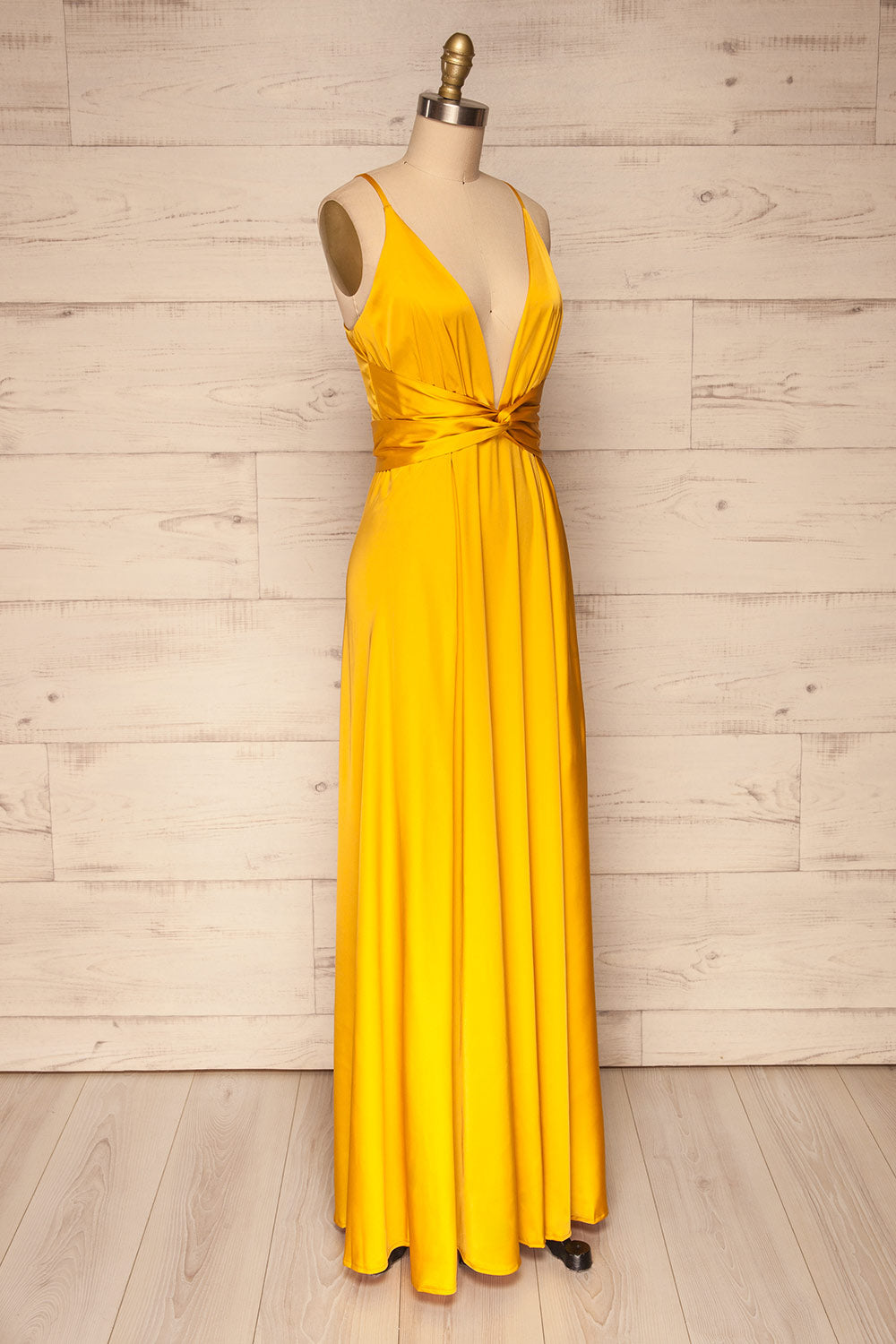 Roksem Jaune Yellow Satin A-Line Gown | La Petite Garçonne side view 