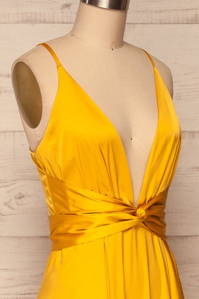 Roksem Jaune Yellow Satin A-Line Gown | La Petite Garçonne side close-up
