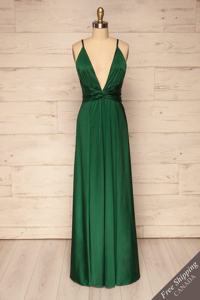 Roksem Vert Forest Green Satin A-Line Gown | La Petite Garçonne front view
