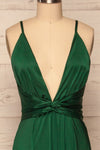 Roksem Vert Forest Green Satin A-Line Gown | La Petite Garçonne front close-up