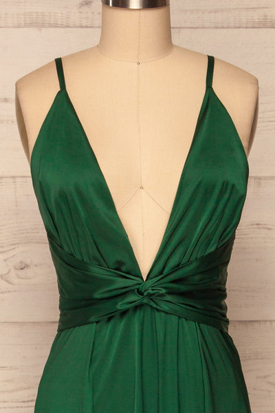 Roksem Vert Forest Green Satin A-Line Gown | La Petite Garçonne front close-up