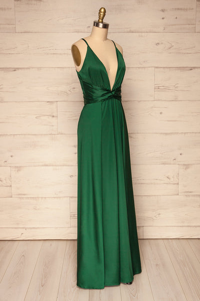 Roksem Vert Forest Green Satin A-Line Gown | La Petite Garçonne side view
