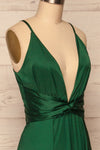 Roksem Vert Forest Green Satin A-Line Gown | La Petite Garçonne side close-up