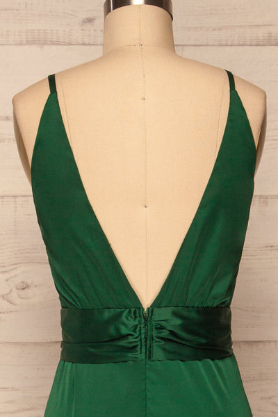 Roksem Vert Forest Green Satin A-Line Gown | La Petite Garçonne back close-up