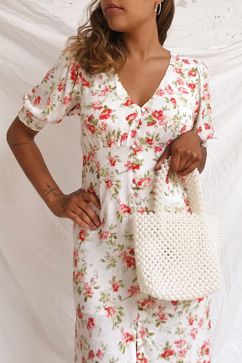 Romera White Floral Short Sleeve Midi Dress | Boutique 1861 on model