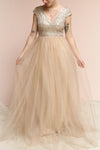 Rosina Taupe Sequins & Tulle Maxi Prom Dress | Boutique 1861 on model