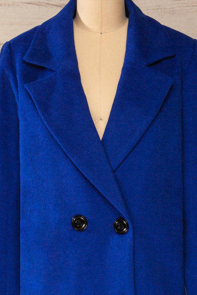 Roubaix Blue Straight Double-Breasted Coat | La petite garçonne front close-up