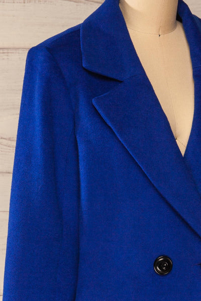 Roubaix Blue Straight Double-Breasted Coat | La petite garçonne side close-up