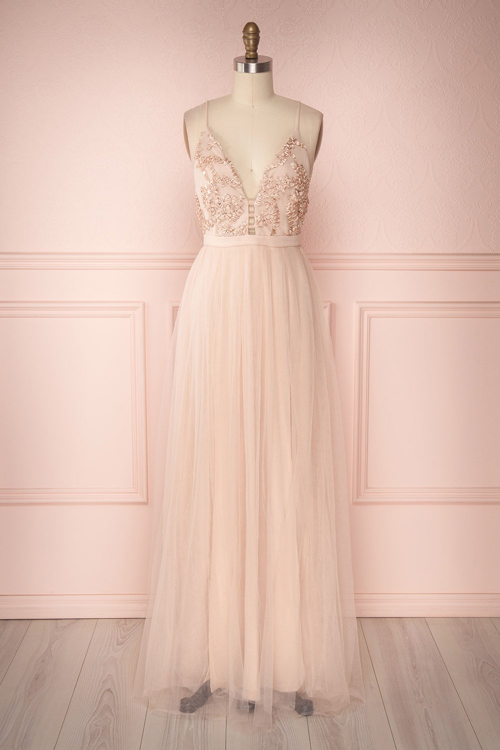 Ruan Blush Pink Embroidered Ribbon Tulle Prom Dress | Boutique 1861