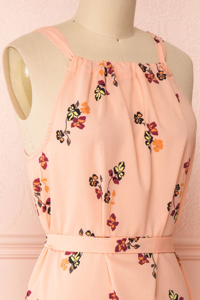 Ruslana Pink Floral Flared Halter Summer Dress | Boutique 1861 side close-up