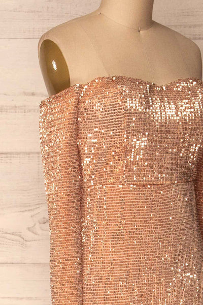 Ryn Champagne Bronze Sequin Bustier Mermaid Gown | La Petite Garçonne side close-up