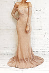 Ryn Champagne Bronze Sequin Bustier Mermaid Gown | La Petite Garçonne on model