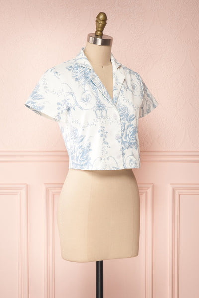 Saelig White & Blue Floral Buttoned Crop Top side view | Boutique 1861