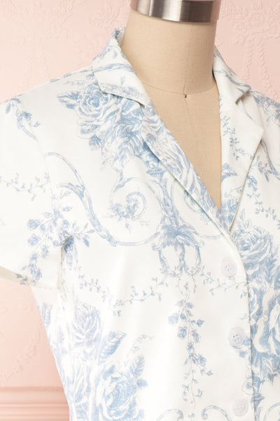 Saelig White & Blue Floral Buttoned Crop Top side close up | Boutique 1861