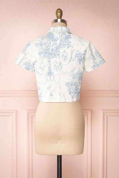 Saelig White & Blue Floral Buttoned Crop Top back view | Boutique 1861