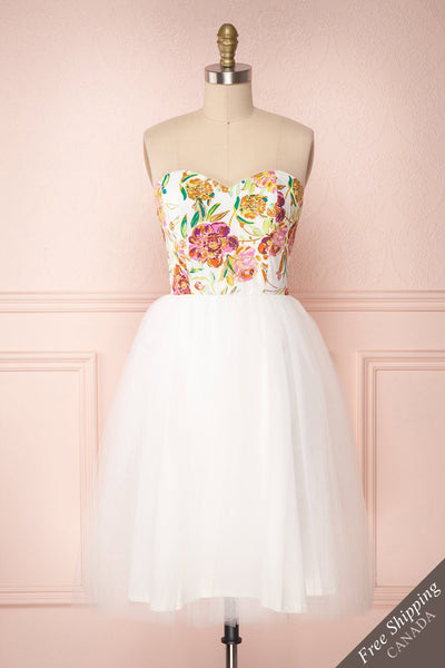 Noraini Floral Printed White Tulle Bustier Dress | Boutique 1861 front view