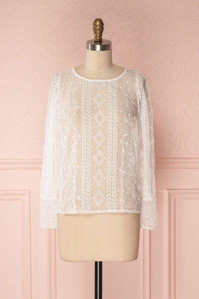 Sakuzo White Transparent Long Sleeve Embroidery Top | Boutique 1861