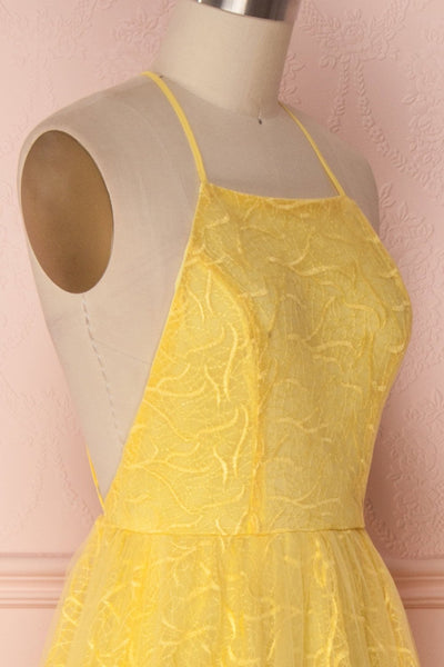 Samadi Soleil Yellow Embroidered Maxi Gown side close-up | Boutique 1861