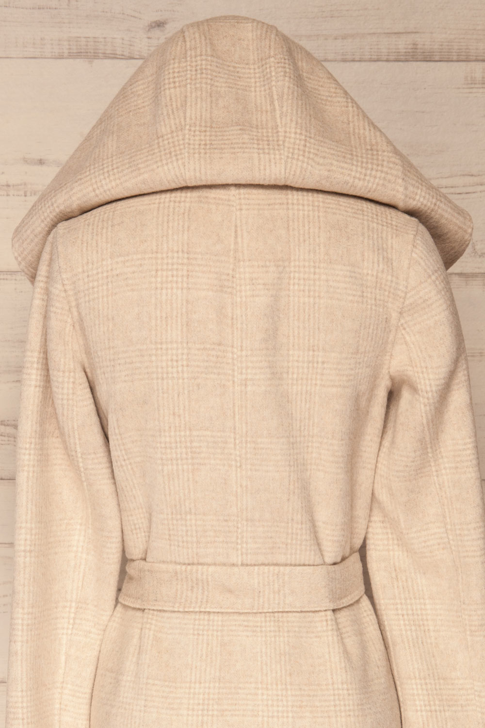 Samia Beige Checkered Felt Trench Coat | La Petite Garçonne back close-up hood