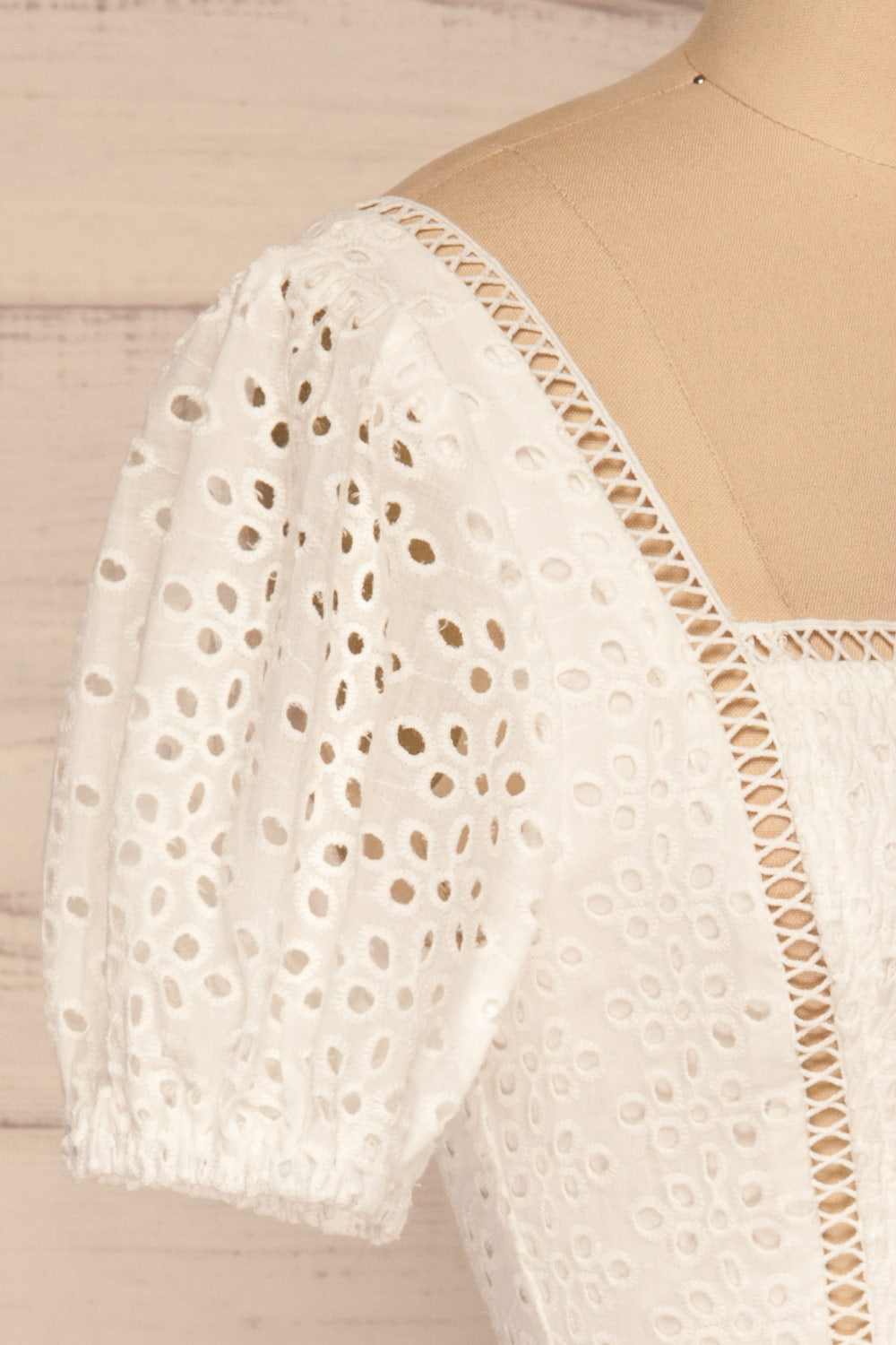 Sandvika White Openwork Ruched Crop Top | La petite garçonne side close-up