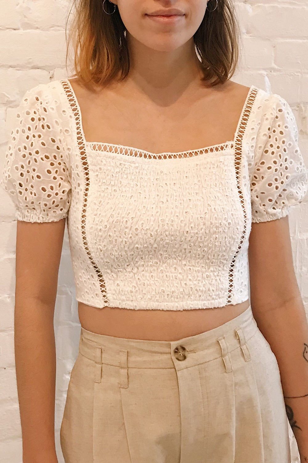 Sandvika White Openwork Ruched Crop Top | La petite garçonne on model