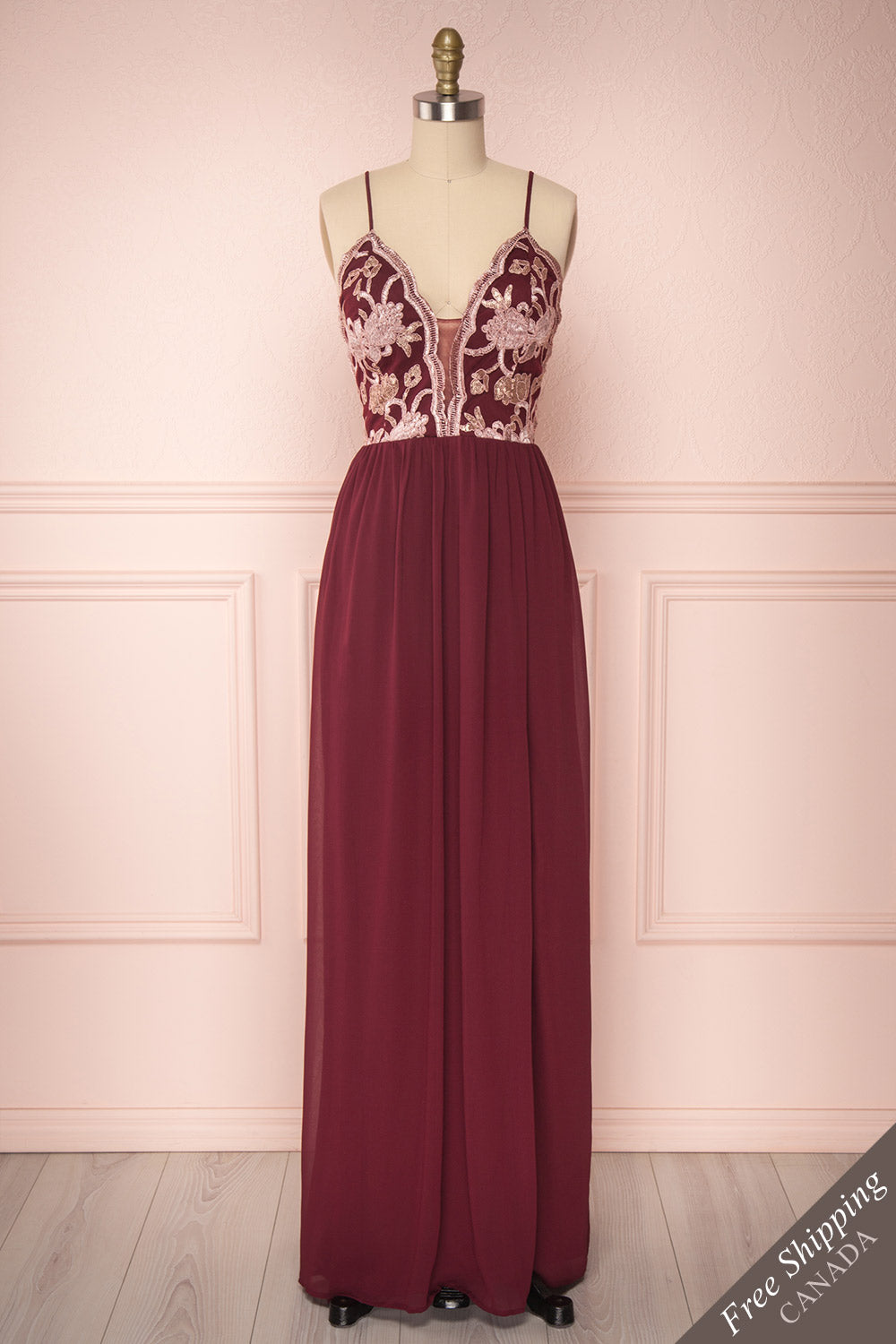 Sarakym Wine Red Chiffon Gown with Gold Appliqués | Boutique 1861