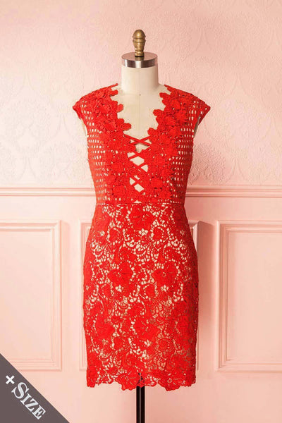 Sareh Fire Red Lace Fitted Plus Size Cocktail Dress | Boutique 1861