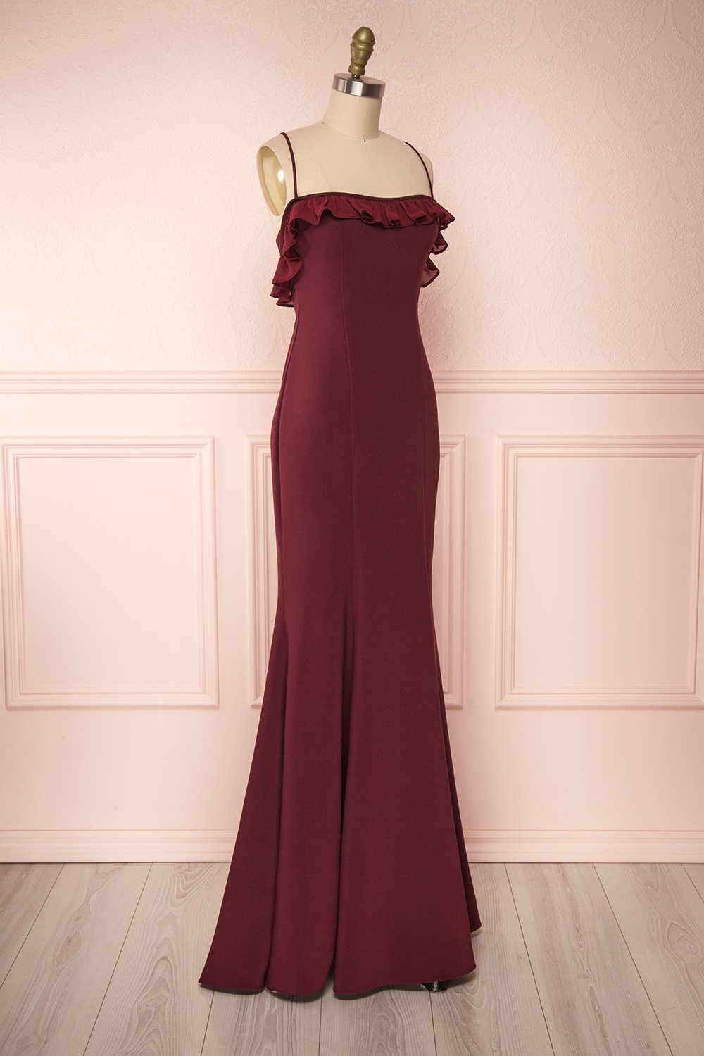 Sasha Burgundy Mermaid Maxi Dress | Robe side view | Boudoir 1861