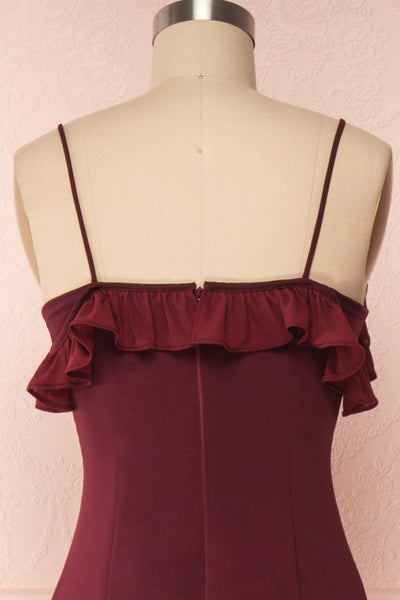 Sasha Burgundy Mermaid Maxi Dress | Robe back close up | Boudoir 1861