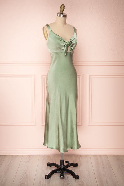 Sashiko Perido Olive Green Satin Midi Slip Dress | Boutique 1861