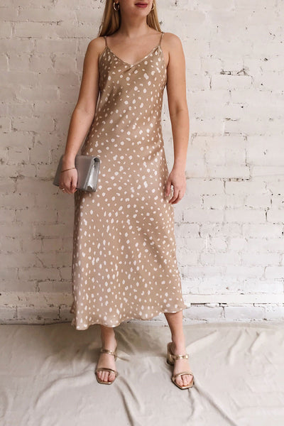 Sassari Taupe Silky Midi Dress | La petite garçonne model look