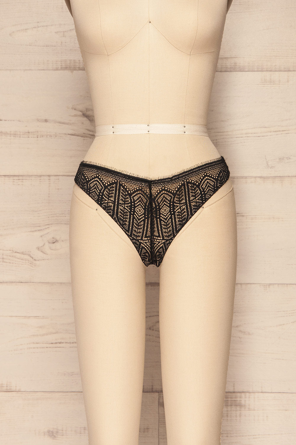 Satao Black & Beige Lace & Mesh Tanga Panty | La Petite Garçonne front view 