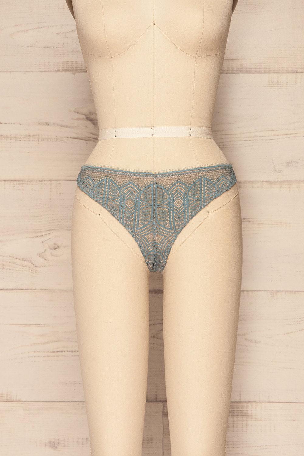 Satao Blue & Beige Lace & Mesh Tanga Panty | La Petite Garçonne front view 