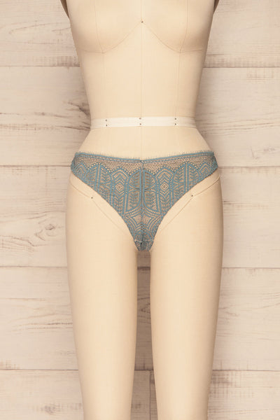 Satao Blue & Beige Lace & Mesh Tanga Panty | La Petite Garçonne front view
