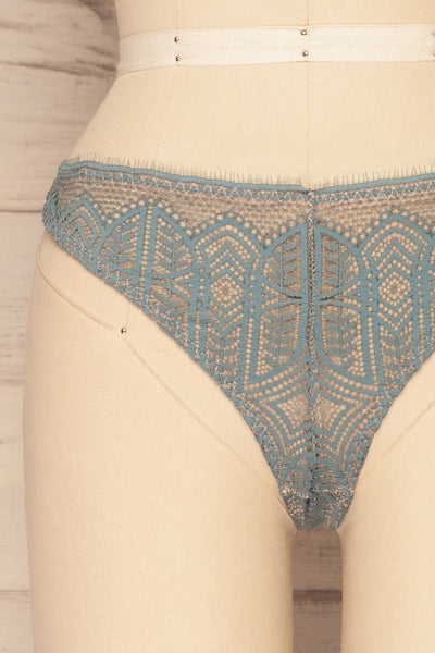 Satao Blue & Beige Lace & Mesh Tanga Panty | La Petite Garçonne front close-up