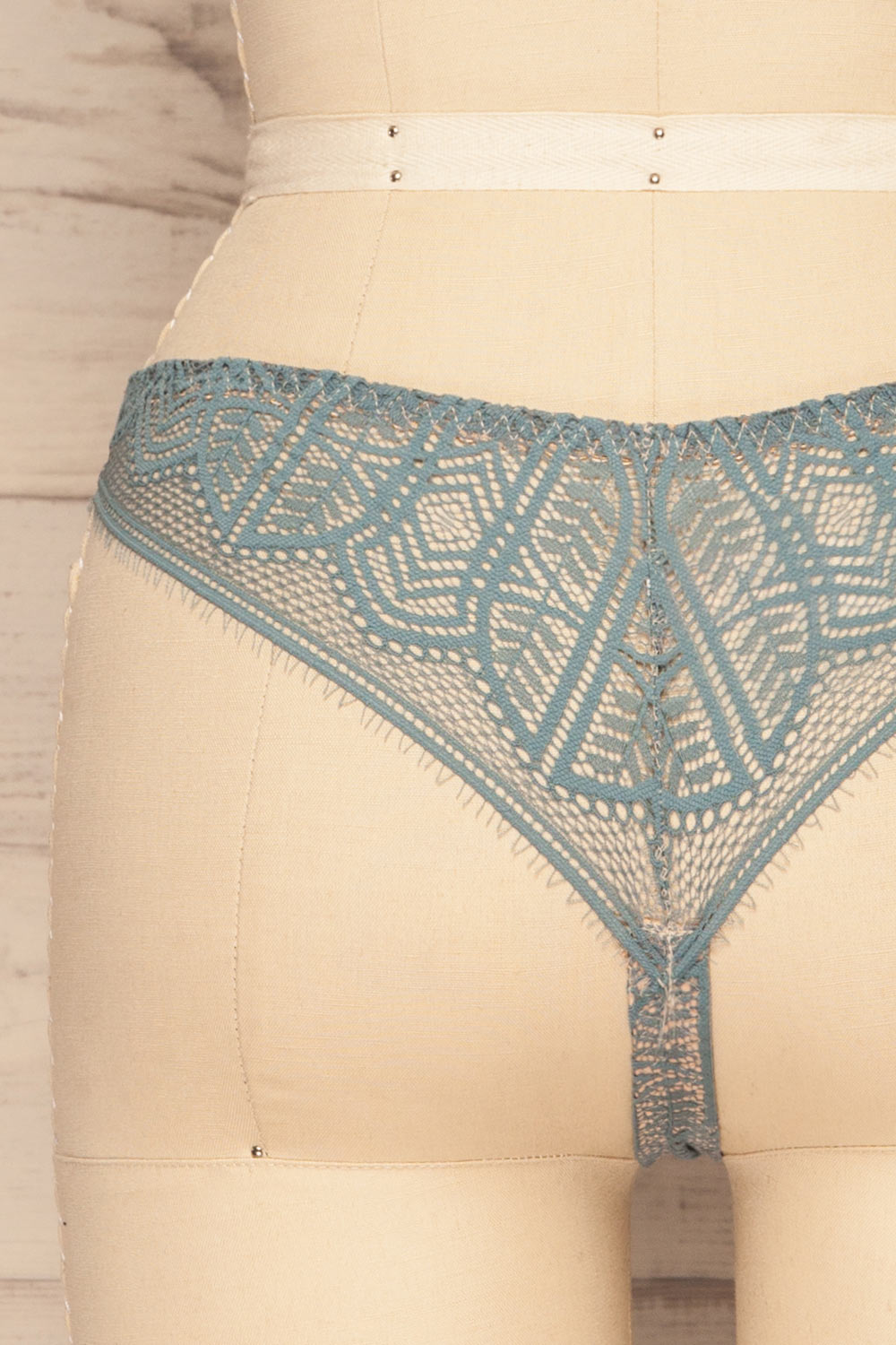 Satao Blue & Beige Lace & Mesh Tanga Panty | La Petite Garçonne back close-up