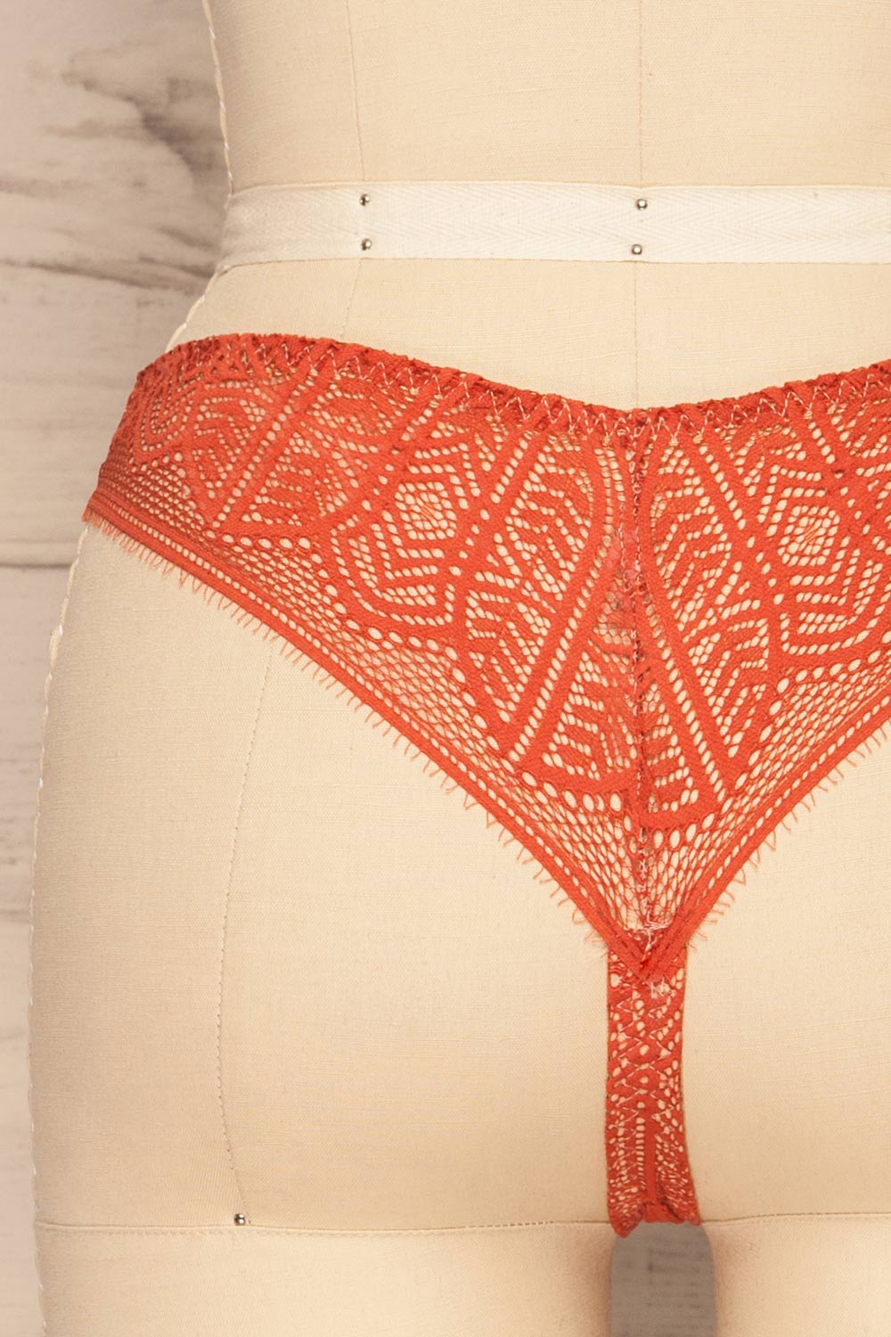 Satao Orange & Beige Lace & Mesh Tanga Panty | La Petite Garçonne back close-up