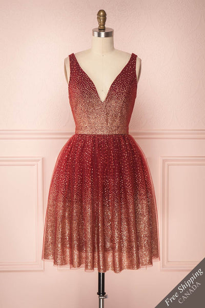Saya Bourgogne Red Glittery Tulle & Mesh A-Line Dress | Boutique 1861