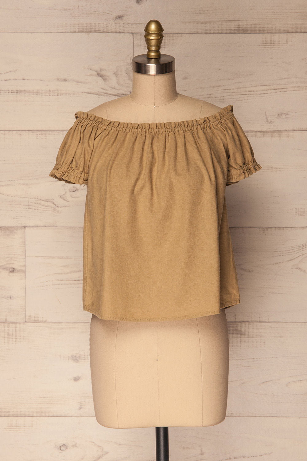 Schulen Ginger Taupe Linen Off-Shoulder Top | La Petite Garçonne