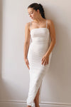 Yurtof White  Fitted Ruched Midi Dress | La petite garçonne on model