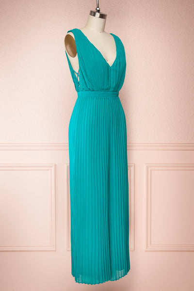 Segoleny Turquoise Pleated Wide Leg Jumpsuit | Boutique 1861 side view