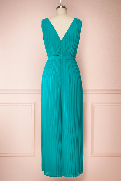 Segoleny Turquoise Pleated Wide Leg Jumpsuit | Boutique 1861 back view
